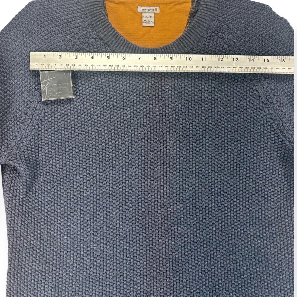 Carhartt Womens L 12 14 Navy Knit Pullover Sweater Elbow Patch Workwear Rugged - Picture 11 of 13